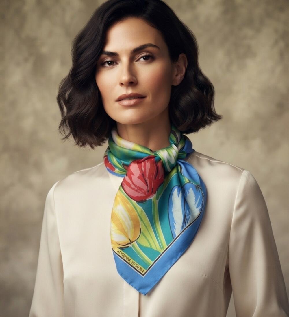 Adrienne Vittadini Vintage Silk Neck Scarf Botanical Floral Color Block 30x30